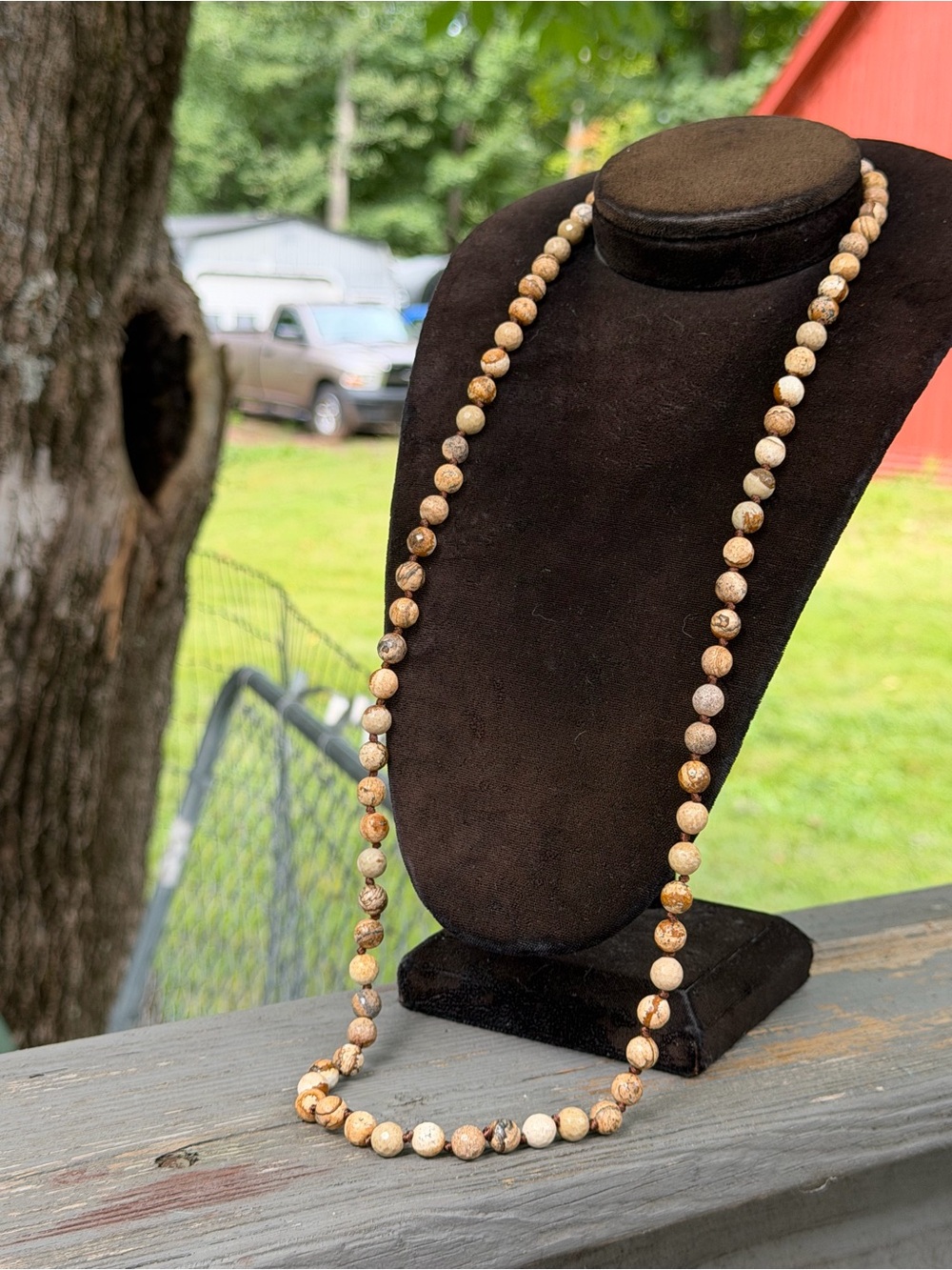 Artisan Hand knotted Facetted Picture Jasper Stone Bead Necklace 🌍